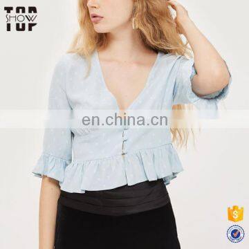 2017 trending products button placket sexy ruffle women blouse tops