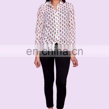 Indian Latest Women Lady Cotton Tops Long Sleeve Shirt Casual Blouse Indian Hand Block Printed