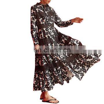 TWOTWINSTYLE Black Floral Print Dress Turtleneck Long Sleeve High Waist Elegant Women Maxi Dresses