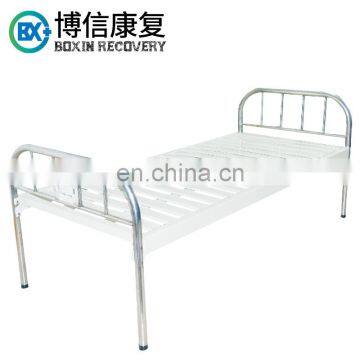 Simple Flat Hospital Medical Bed Stainless Head Board Strip Model Surface Without Sponge Food Tray Universal Wheels Guardrail