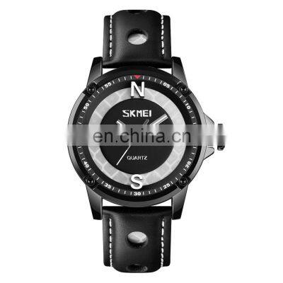 fashion dial SKMEI 9211 genuine leather sport wristwatches waterproof quartz watch for men
