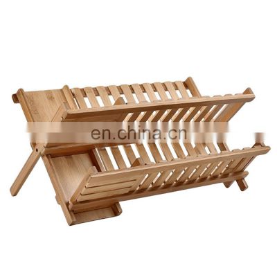 Bamboo Dish Rack Drying Bamboo Dish Drainer Folding Countertop 2 Tier Wooden Utensil Dryer