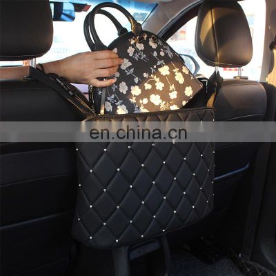 2021 new crystal rhinestone car organizer storage bag rear seat bracket multi-pocket barrier diamond lattice storage bag