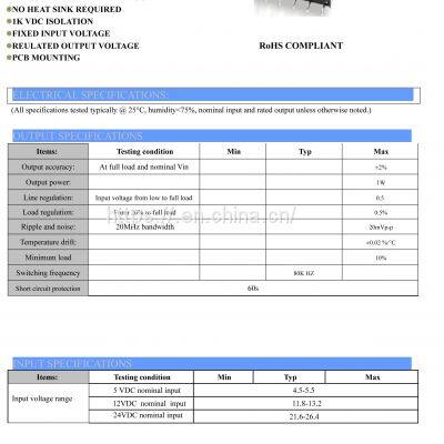 1W, 2W 4-24VDC Fixed Input, Regulated Single Separate Output DC DC Converter IC photo-2