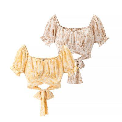 European/American Style Women's Clothing, New Style, Fashionable and Versatile. Tie Design, Short-sleeved, Plunging Neckline, Printed Top. photo-2