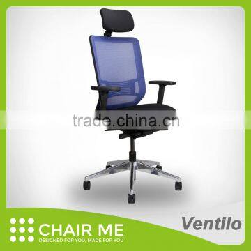 Ventilo office chair, blue mesh chair, adjustable headrest, black bracket, adjustable seat, armrest, lumbar, aluminum base