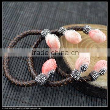 LFD-B0022 For Women Pink Shell Pave Rhinestone Leather Bangles Bracelet Jewelry Finding