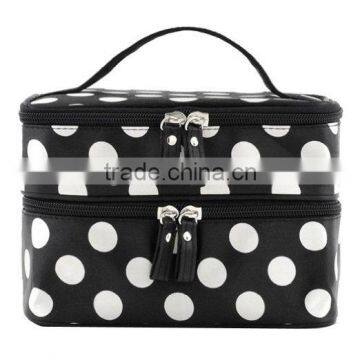 Cosmetic Bag Double Layer Dot Pattern Travel Toiletry Bag Organizer With Mirror (Black)