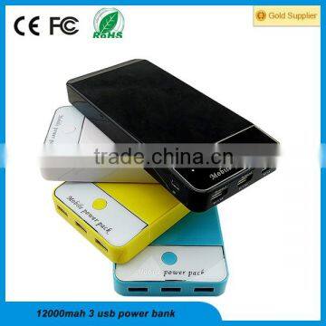 12000mah multi function portable 3 usb power bank