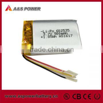 UL Rechargeable 602535 3.7V 500mAh li-polymer battery for bluetooth headphone