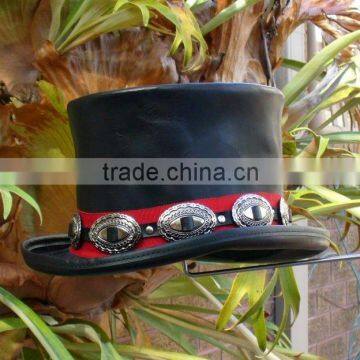 BLACK LEATHER WILD WEST MENS TOP HAT WITH CONCHOS FORMAL / FANCY DRESS UP