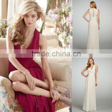 Custom Made Wholesale Cowl Draped A-line Natural Waist Chiffon Over Cashmere Lining Floor Length Bridesmaid Dress 5305