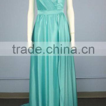 One Shoulder Turquoise Blue Satin Evening Dress with Sequins & Crystals and Sweep Train ES0015