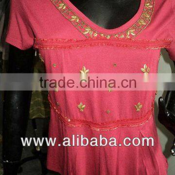 VISCOSE LYCRA INDIAN TSHIRTS WITH EMBELISHMENT BY HAND ADDAWORK RED COLOR JAIPUR MADE