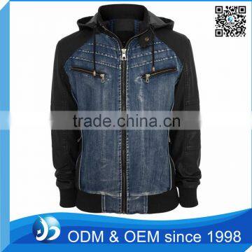 Leather Sleeves Denim Jacket With Hood For Men