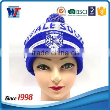 Wholesale White Stripe Knitted Hat Custom Cheap Blue Beanie with embroidery