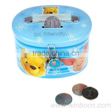 Oval-shape tinplate cartoon money box with lock