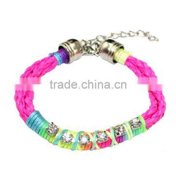 Clear Crystal Chain on Woven Leather Friendship Bracelet Rhinestone Chain Hand Woven in Silk Cord Boho Chic Trendy Bracelet