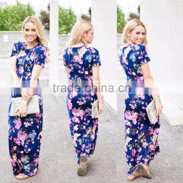 floral print dresses Short Sleeves Round Neck Summer Maxi Dress flower long dress