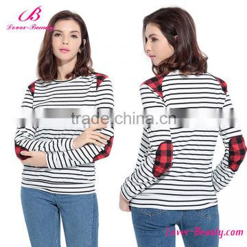 Top sale stripe patch taupe elbow long sleeves shirt women pullover