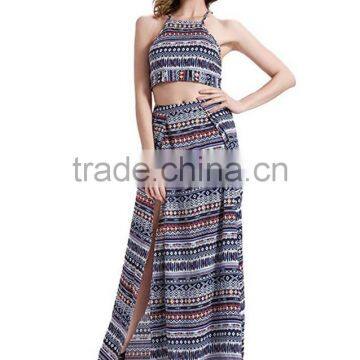 Long Skirt With Kurti and Tops for Sexy Women 2 Pieces Floral Halter Backless Crop Top + Maxi Skirt Set photo-2