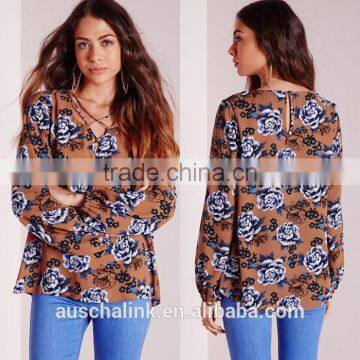 Best Selling Ladies Floral Printed Casual Blouse Low Price photo-6