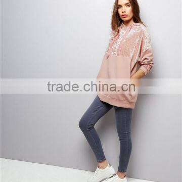Women Oversized Loose Pockets Sides Crushed Velvet Panel Yoke Hoodie Pink Drop Shoulder Cotton Pullover photo-4