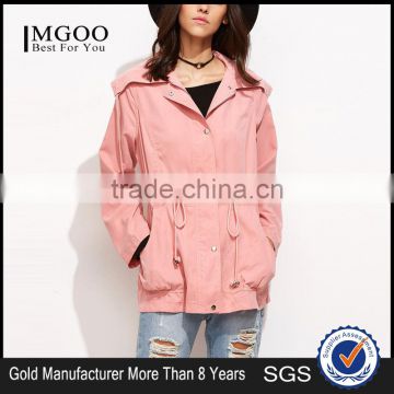 OEM Latest Pink Wide Collar Cotton Jacket Drawstring Utility Jacket Zipper Tie Waist Winter Coat Customized