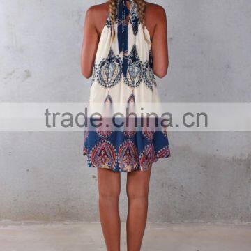 Wholesale Boho Design/Summer Loose Printed Halter Style Sleeveless Hippie Women Chiffon Dress Mini Dress Plus Size photo-2