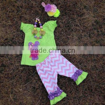 2015 new baby girls easter lime pink lavender bunny capri top set with matching necklace and bow set