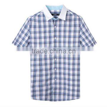 fashion blue plaids cotton shorts sleeve collar matched men shirts