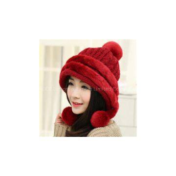 Women Winter Knitted Warm Beanies Patchwork With Faux Rabbit Fur Women Caps