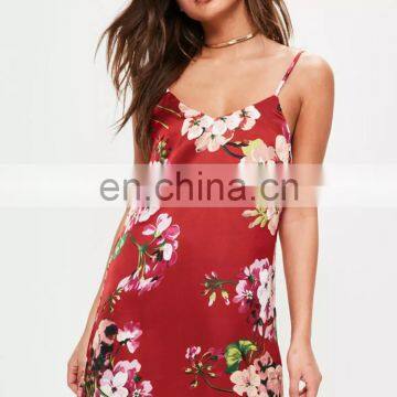 Mature Women Sexy Red Based Floral Print Mini Dress With Thin Straps photo-2