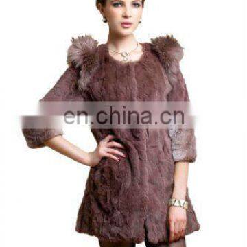 #00C053/long women's 100% real genuine rabbit fur coat jacket with raccoon trim with round collar