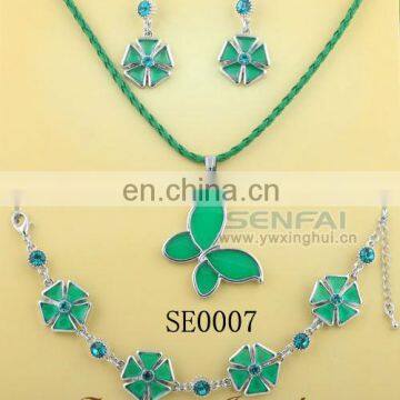 High Quality Green Butterfly Transparent Enamel Choker Necklaces Diamond Jewelry Set