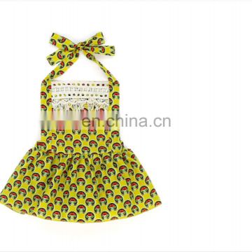 2019 New Arrival Halter printed flower party dress with big bowknot hairbands baby girl dress princess party dress