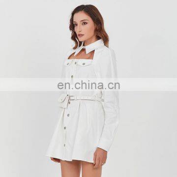 TWOTWINSTYLE Women Summer Dress Lapel Long Sleeve High Waist With Bag Lace Up Hollow Out Designer Mini photo-6