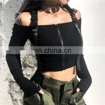 2020 new arrival women zip up leather adjustable tape Off shoulder long sleeve T-shirt short crop top