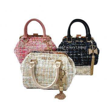 Low MOQ Factory Female Handbag Small Size High Quality Metal Frame Hand Hold Women Tweed Chain Bags