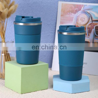 Portable Travel Coffee Mugs customized logo service Stainless Steel Insulated Coffee Mug Cup With Silicone Cup Holder And Lid