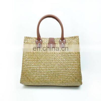 Handmade Straw Bags with Leather Handle Seagrass Handbag 100% Nature Straw Woven Tote Bag Wholesale