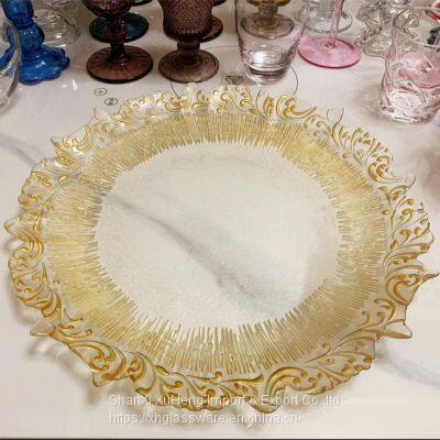 Cheap Gold Silver Rim Wedding Glass Charger Plates Glitter Dinnerware Fruit Plate Tray