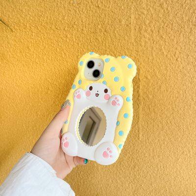 Creative cartoon cute blanket Bear Makeup mirror silicone shock protection phone case iPhone 11 12 13 14 15 Pro Max