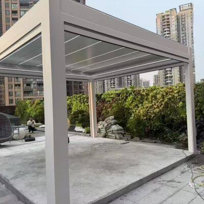 Modern Bioclimatic Aluminum Pergola With LED Lights, Adjustable Louvered Roof Outdoor Gazebo for Patio Garden