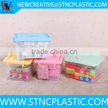 rectangular clear plastic storage box with colorful lid