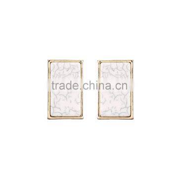 Large Flat Marble Effect Stone Square Rectangle Gold Plated Stud Earring