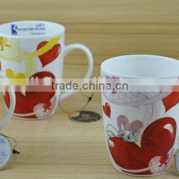 11OZ white cat with red heart full decal print coffee cups, shiny surface new bone china mug, KL5004-10285