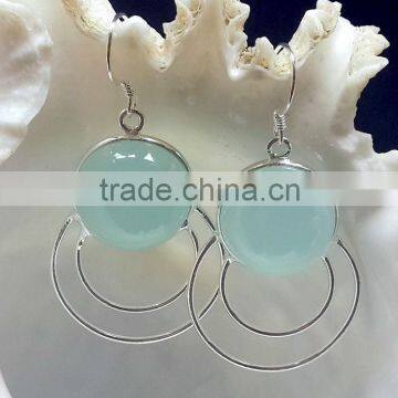 925 Sterling Silver Aqua Chalcedony Cabochon Round Earring , Fashionable Bezel Earrings, Designer Aqua Chalcedony Earring