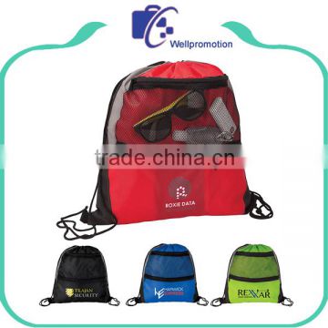 Wholesale polyester drawstring backpack with mesh pocket