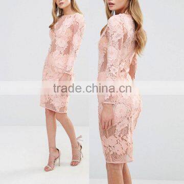 European Vintage Long Sleeve Pink Lace Hollow Out Floral Appliqued Dress for Lady